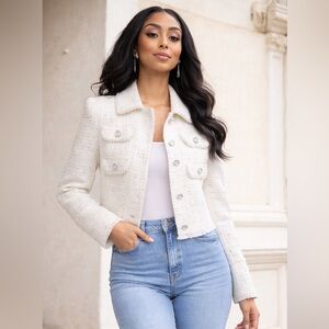 River Island Cream Bouclé Pearl Embellished Jacket -Size 8